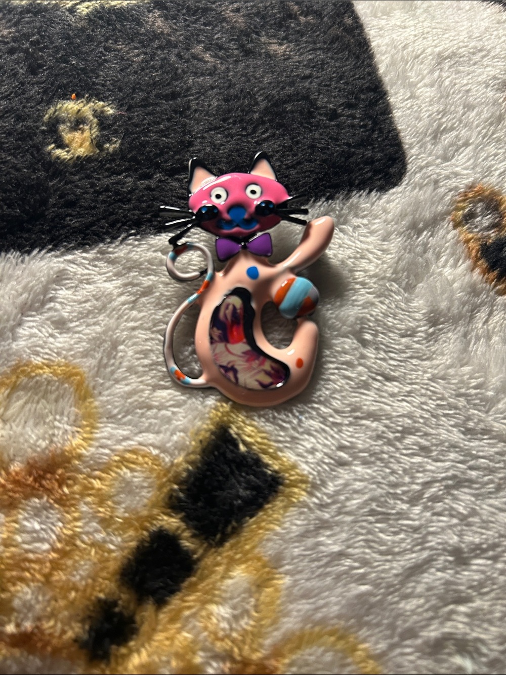 Decorative Pink Cat Brooch with Multicolor Accents